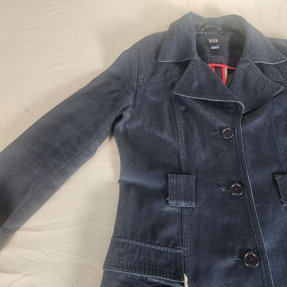 GAP Womens Navy Blue Trench Coat Jacket Size L Cotton Blend Button Front - Picture 2 of 10